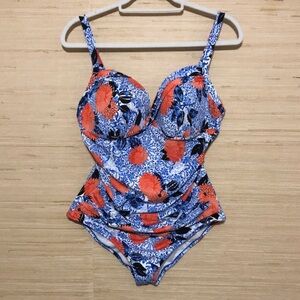 Seekers Essentials Women’s Floral Blue Orange Ruched One Piece Swimsuit size 14